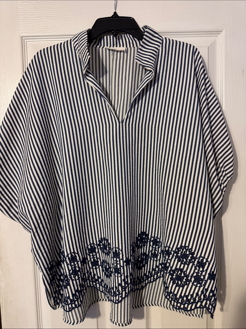entro Navy & White Vertical Stripe Blouse with Embroidered Hem